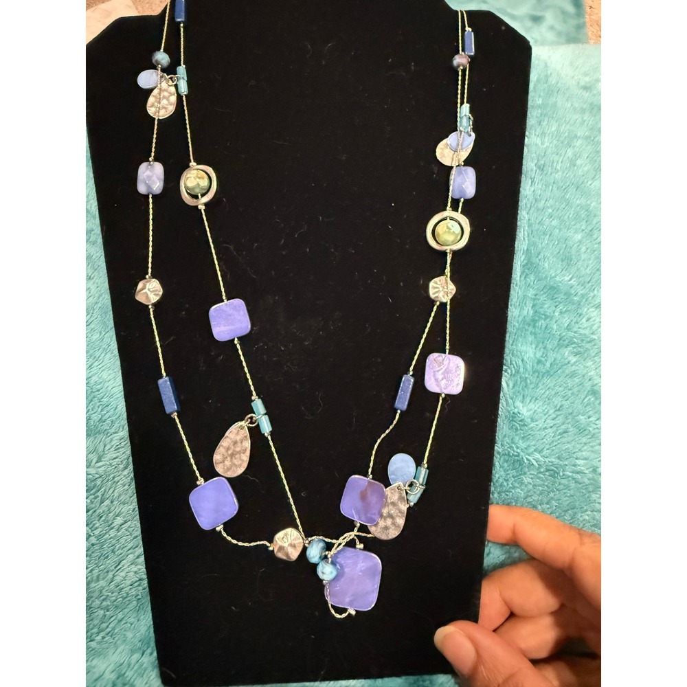 Long Blue Shell and Hammered Silverβ Station Necklace Double Strand Boho 34"